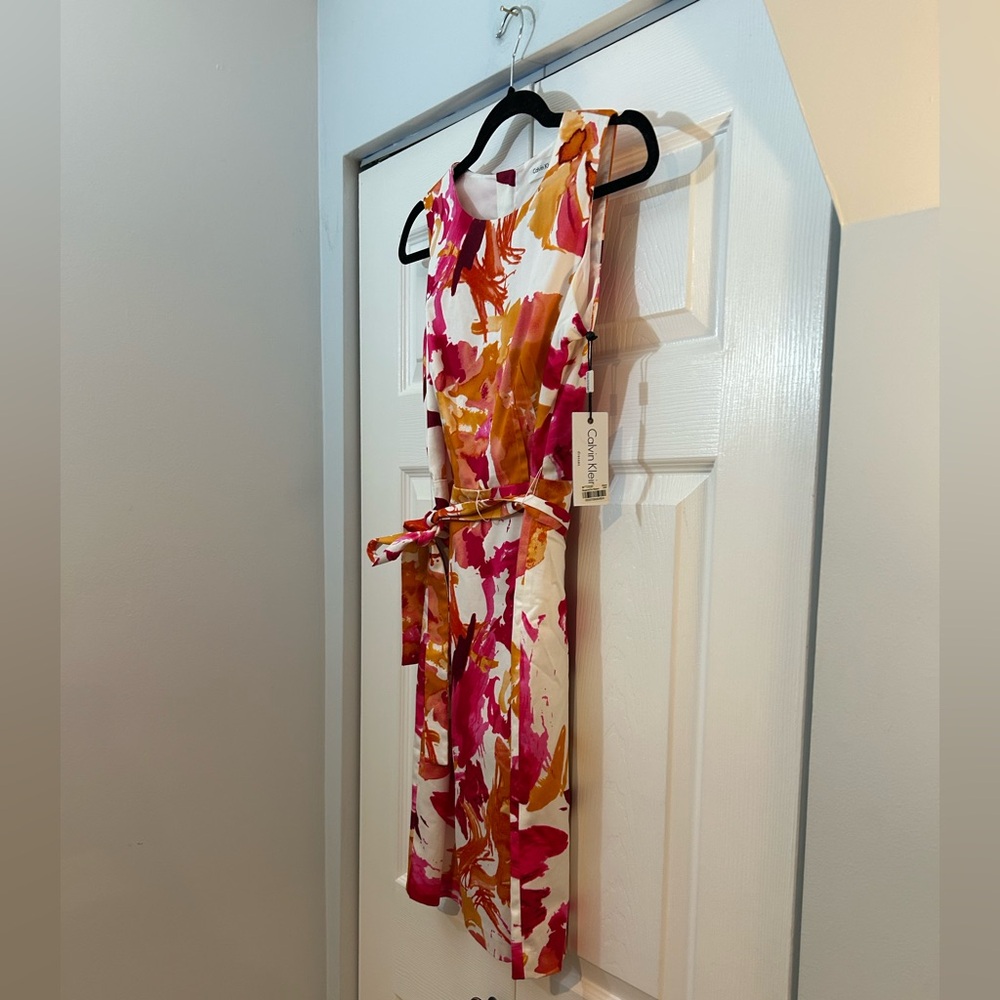 Calvin Klein White Pink Orange Floral Midi Dress - Picture 4 of 7